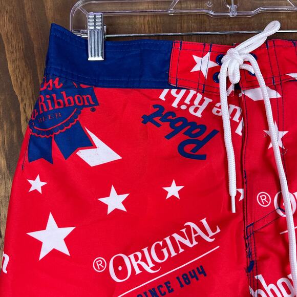 Pabst Blue Ribbon Mens Shorts Red White Blue Star Swim Surf Beach Trunks Small - Picture 2 of 14